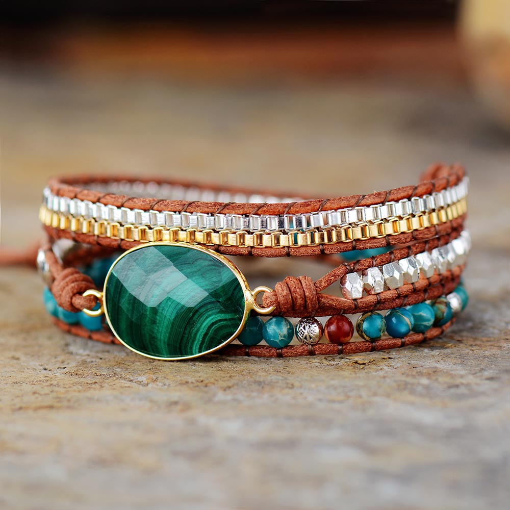 Bracelet en cuir Malachite Protection &amp; Harmonie