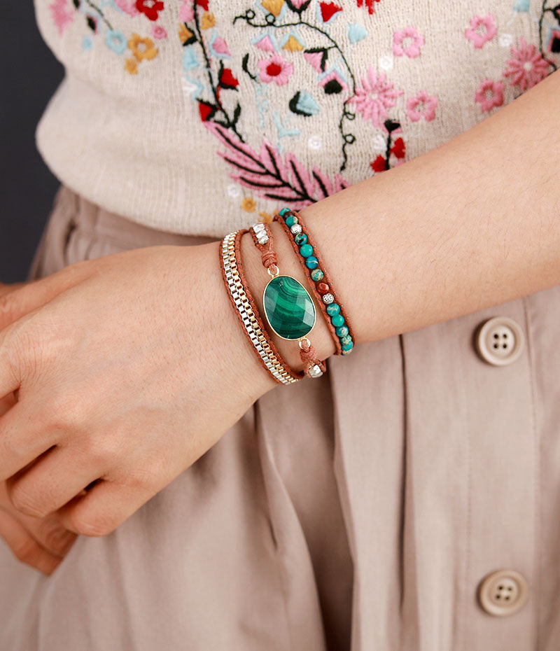 Bracelet en cuir Malachite Protection &amp; Harmonie