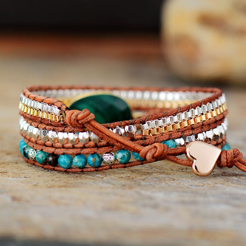 Bracelet en cuir Malachite Protection &amp; Harmonie