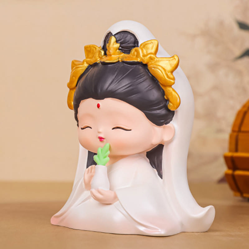 Statue en résine d'Avalokitesvara en méditation avec figurines de garçon et de fille