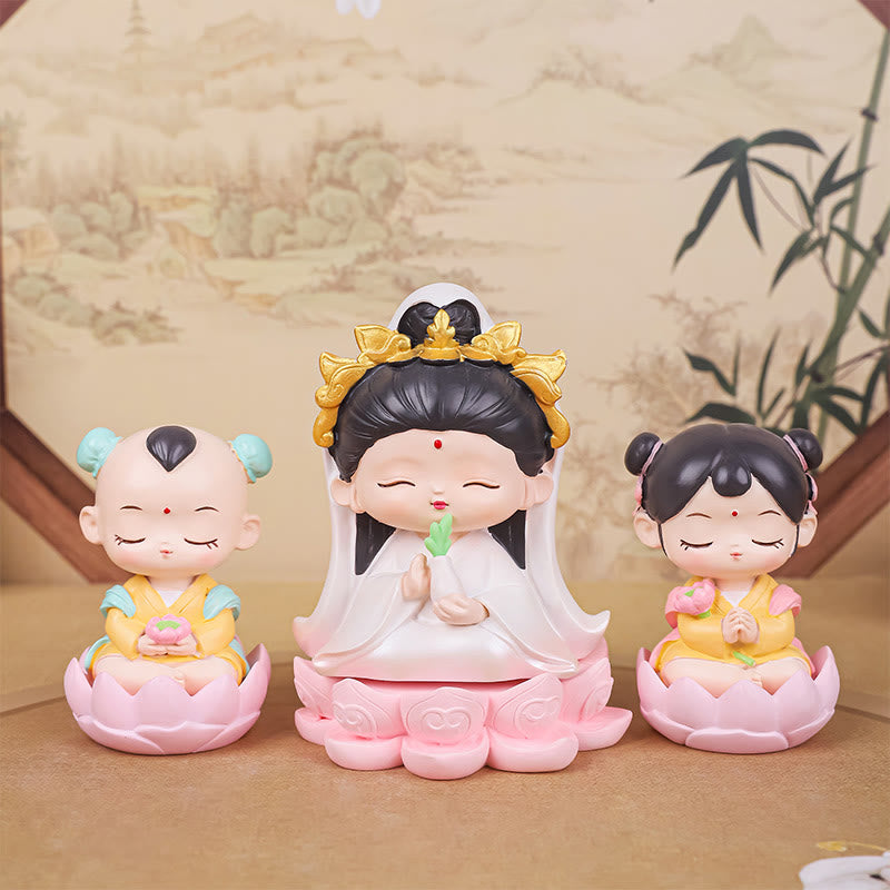 Statue en résine d'Avalokitesvara en méditation avec figurines de garçon et de fille
