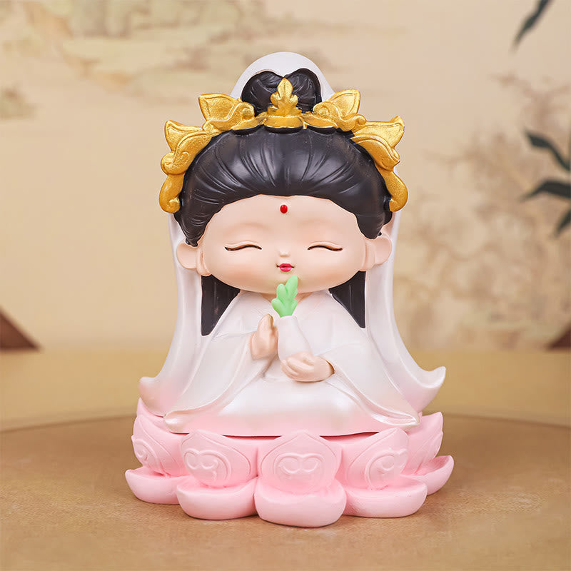 Statue en résine d'Avalokitesvara en méditation avec figurines de garçon et de fille