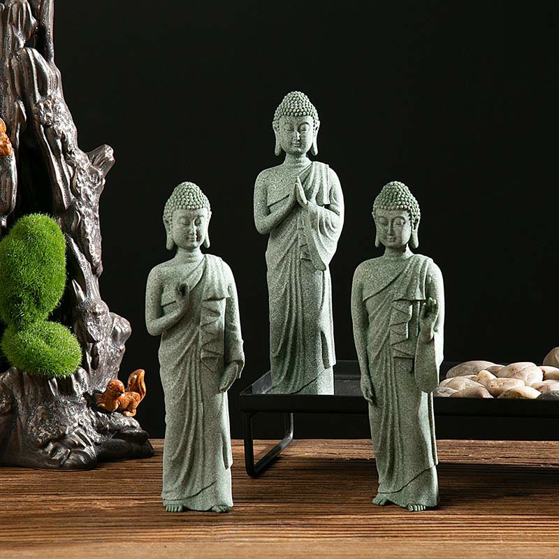 Statue de Bouddha de méditation en grès vert, symbole de sérénité