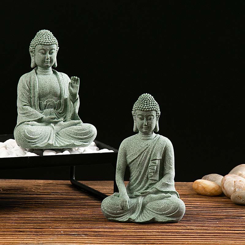 Statue de Bouddha de méditation en grès vert, symbole de sérénité