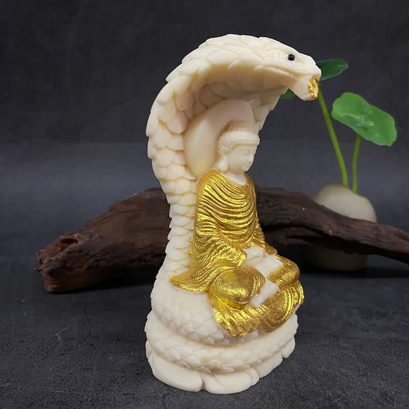 Statue de Bouddha en ivoire de taille moyenne avec symbole de sérénité du lotus serpent