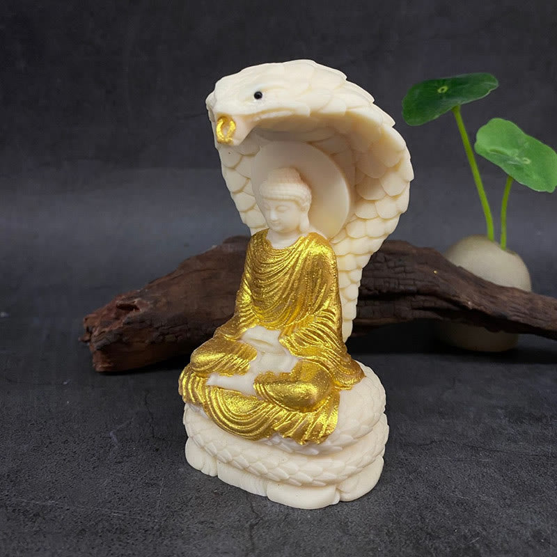Statue de Bouddha en ivoire de taille moyenne avec symbole de sérénité du lotus serpent
