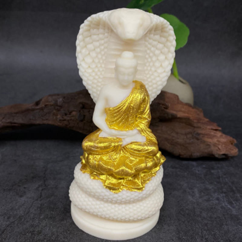 Statue de Bouddha en ivoire de taille moyenne avec symbole de sérénité du lotus serpent