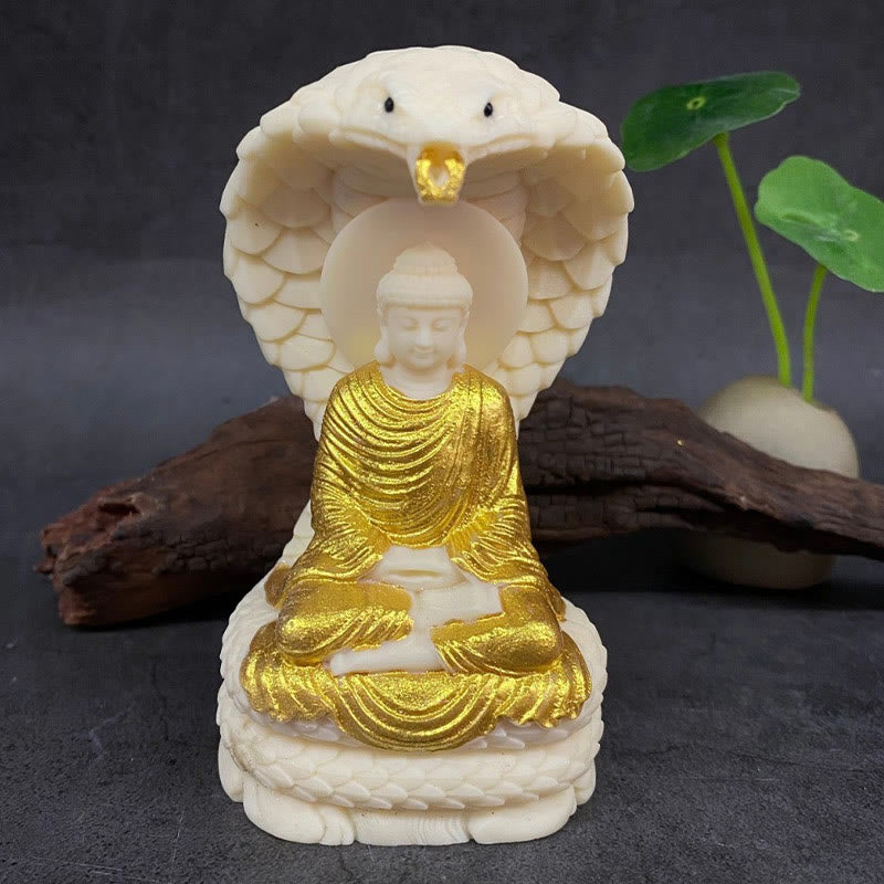 Statue de Bouddha en ivoire de taille moyenne avec symbole de sérénité du lotus serpent