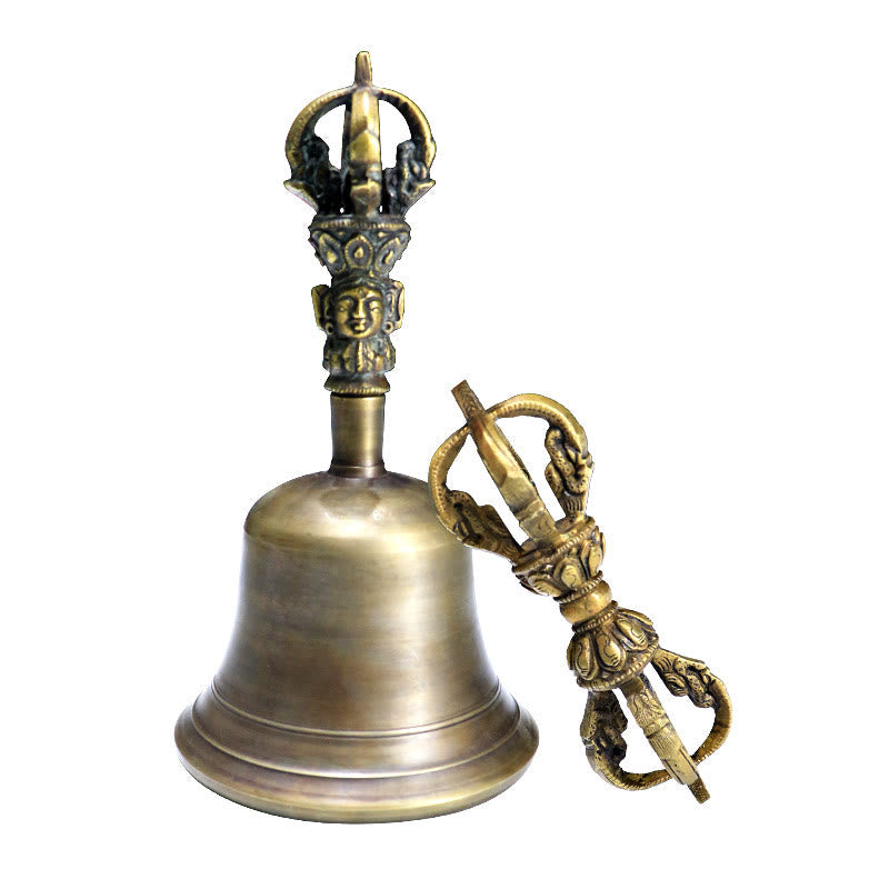 Ensemble de méditation en cuivre avec cloche tibétaine moyenne et vajra dorje