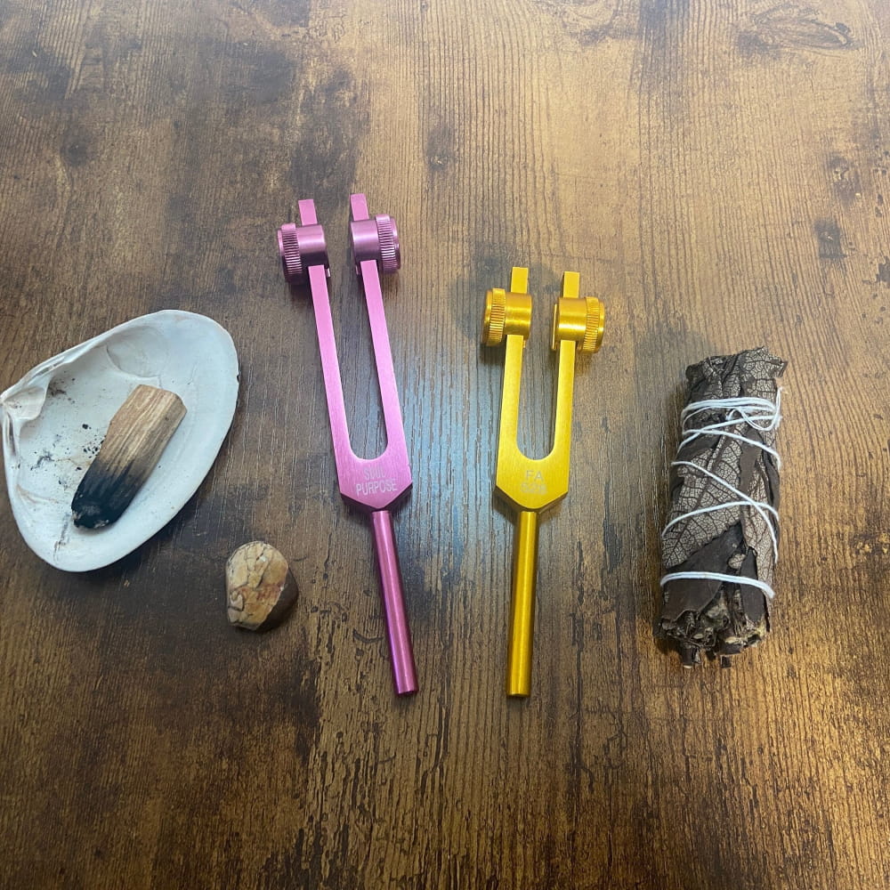 Two tuning forks in pink and yellow with sage smudge stick and shell for meditation