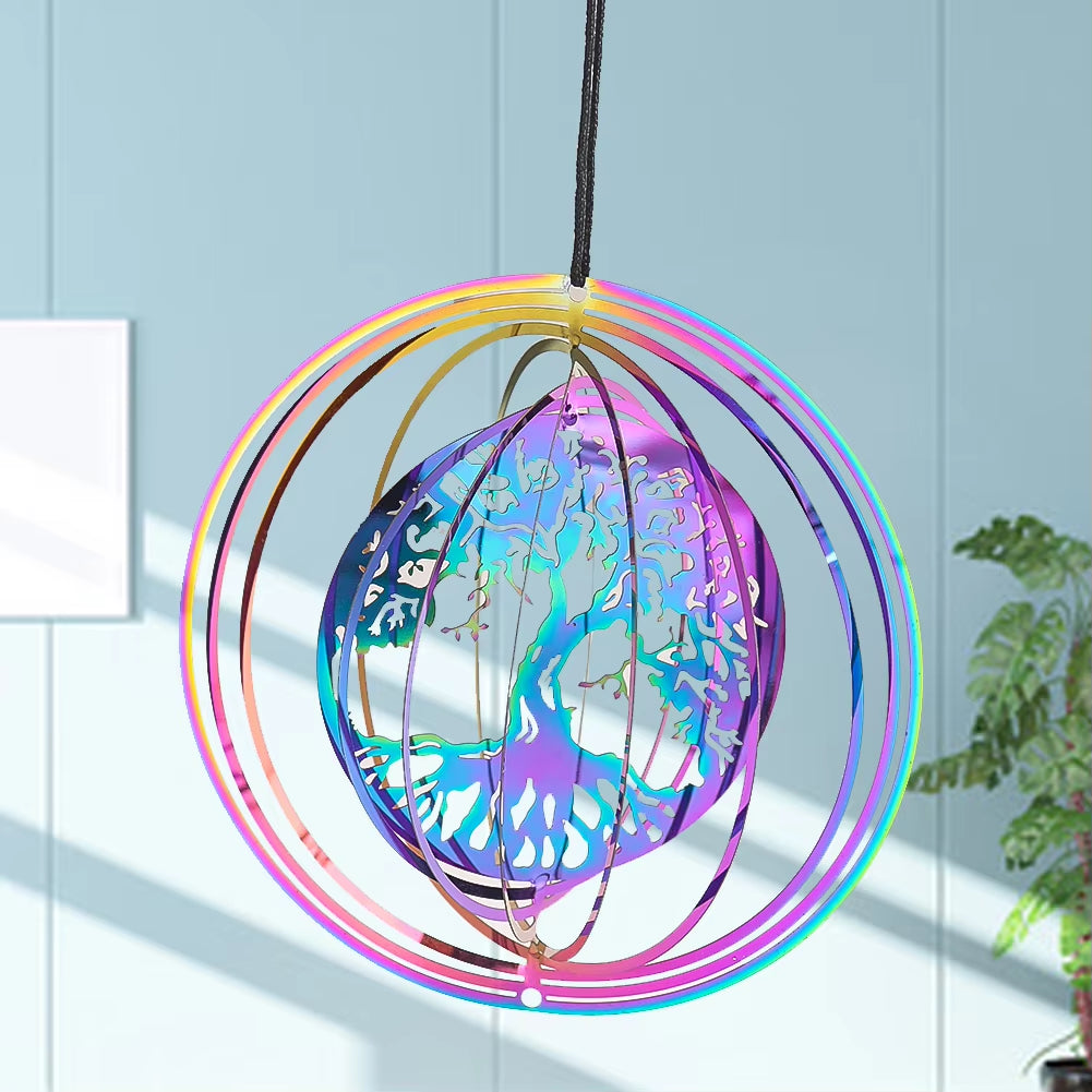 Iridescent Metal Tree of Life Kinetic Garden Wind Spinner with a vibrant design