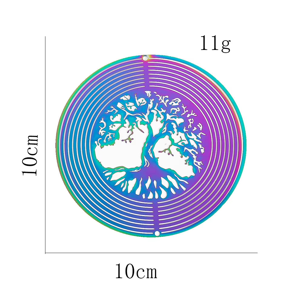 Circular metallic wind spinner with a Tree of Life design and rainbow-colored rings