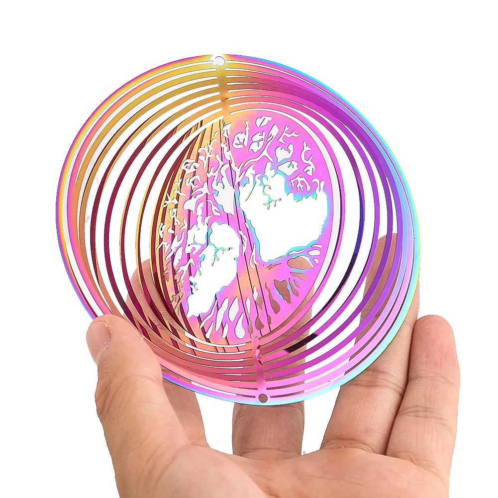 Iridescent spiral wind spinner with unicorn design in Metal Tree of Life Kinetic Spinner