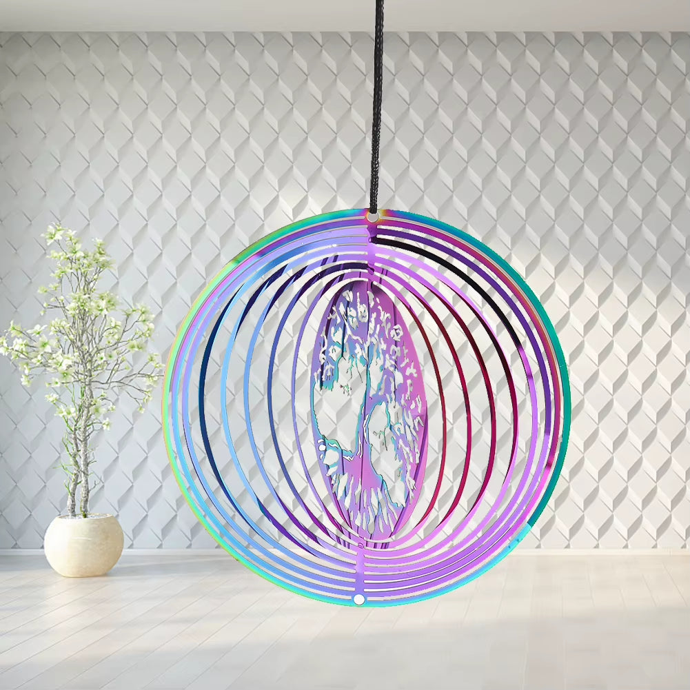 Circular rainbow-colored wind spinner with metal rings for Metal Tree of Life decor