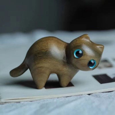 Mini statue de chat en bois de santal vert pour décoration de bureau