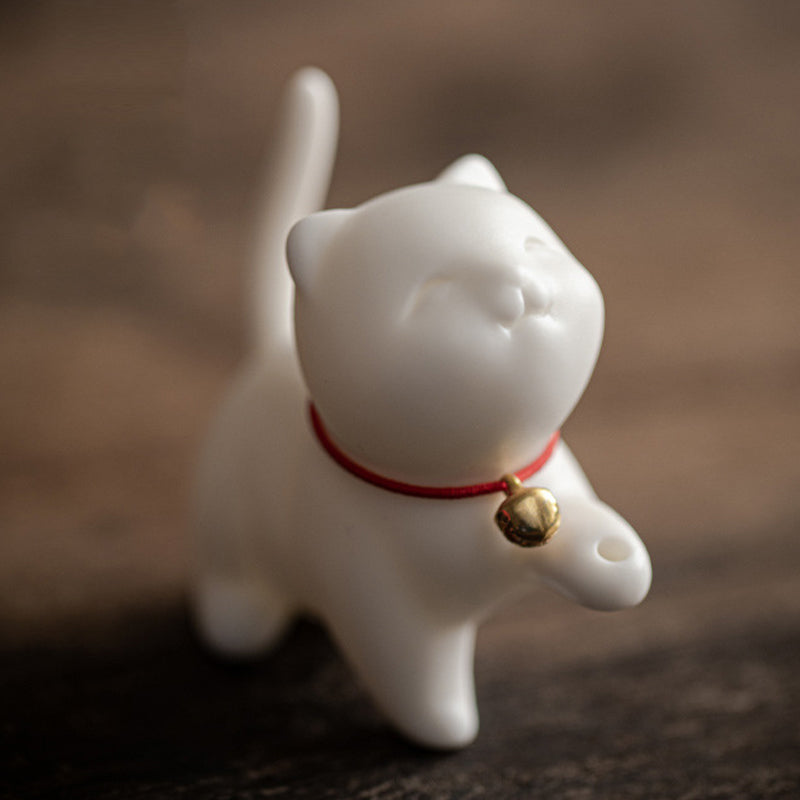 Mini chat porte-bonheur en céramique avec tapis en bambou | Figurine spirituelle