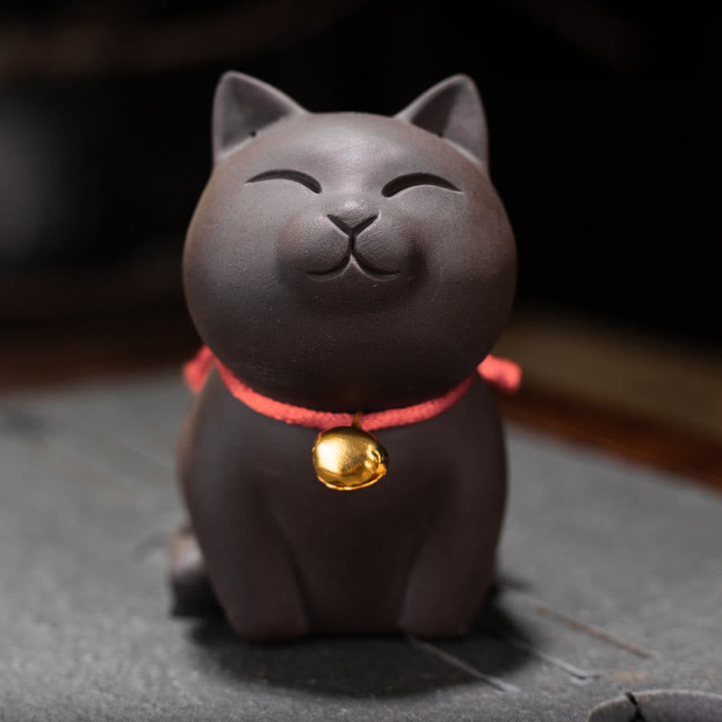 Mini chat en argile violette | Figurine décorative assise et debout