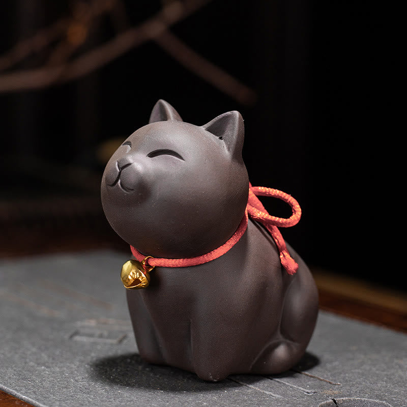Mini chat en argile violette | Figurine décorative assise et debout