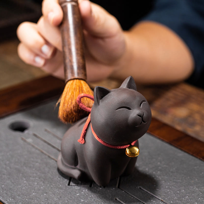 Mini chat en argile violette | Figurine décorative assise et debout