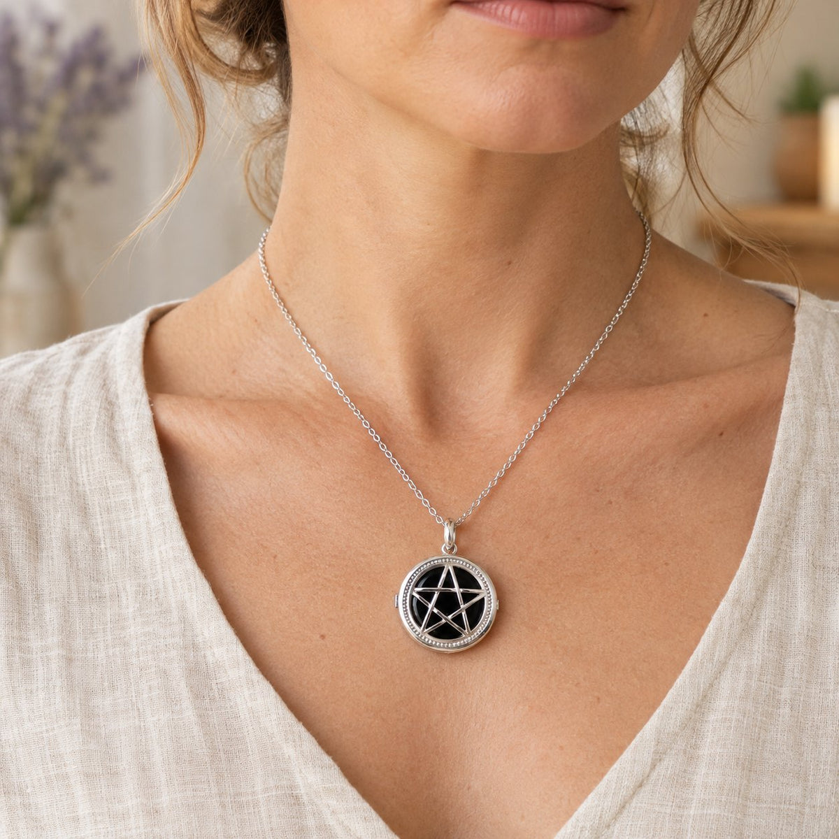 1.0-inch Mixed Crystal Pentagram Spiritual Necklace, worn on the neck by a woman