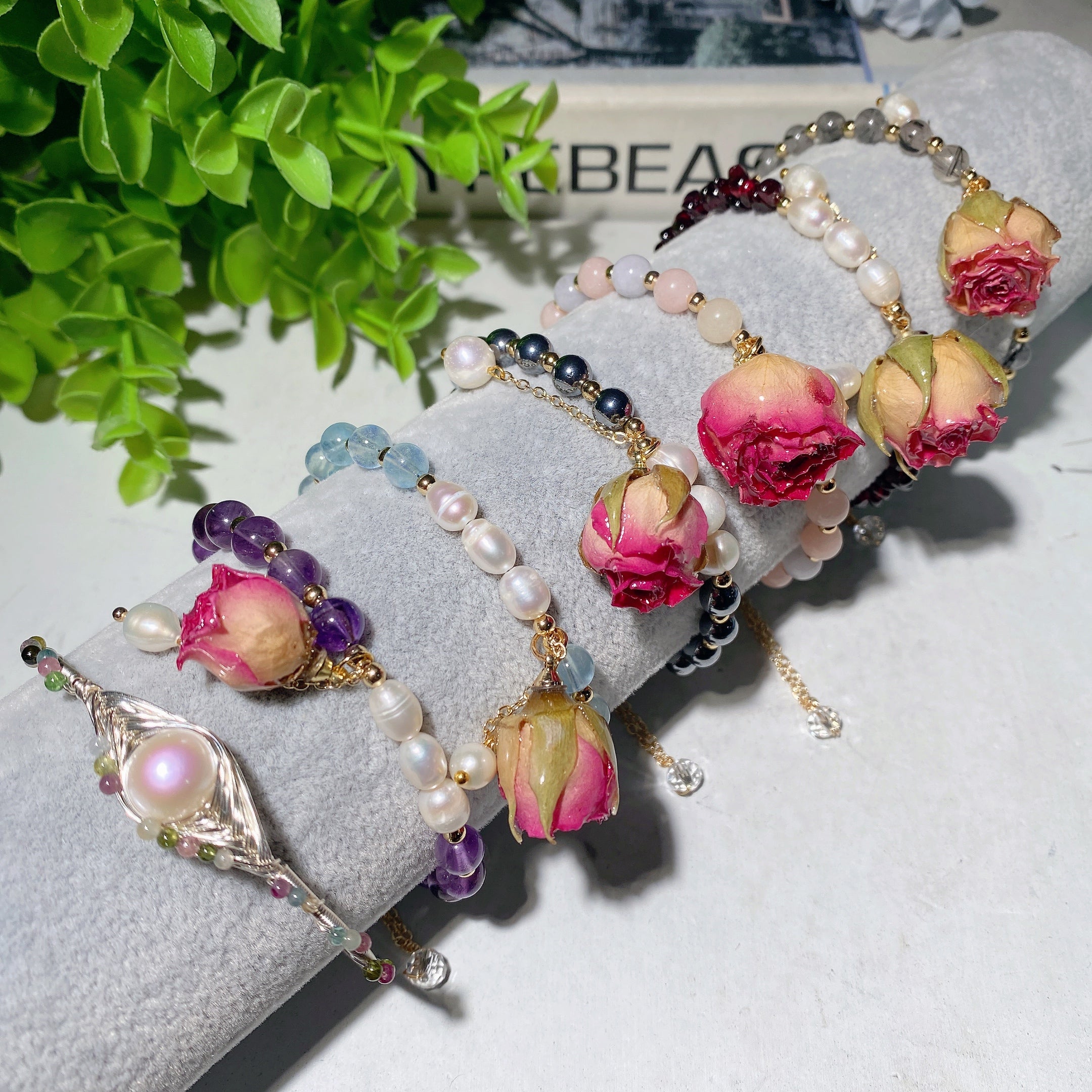 Mixed Crystal Healing Bracelet with Pearl Rose Flower Accent