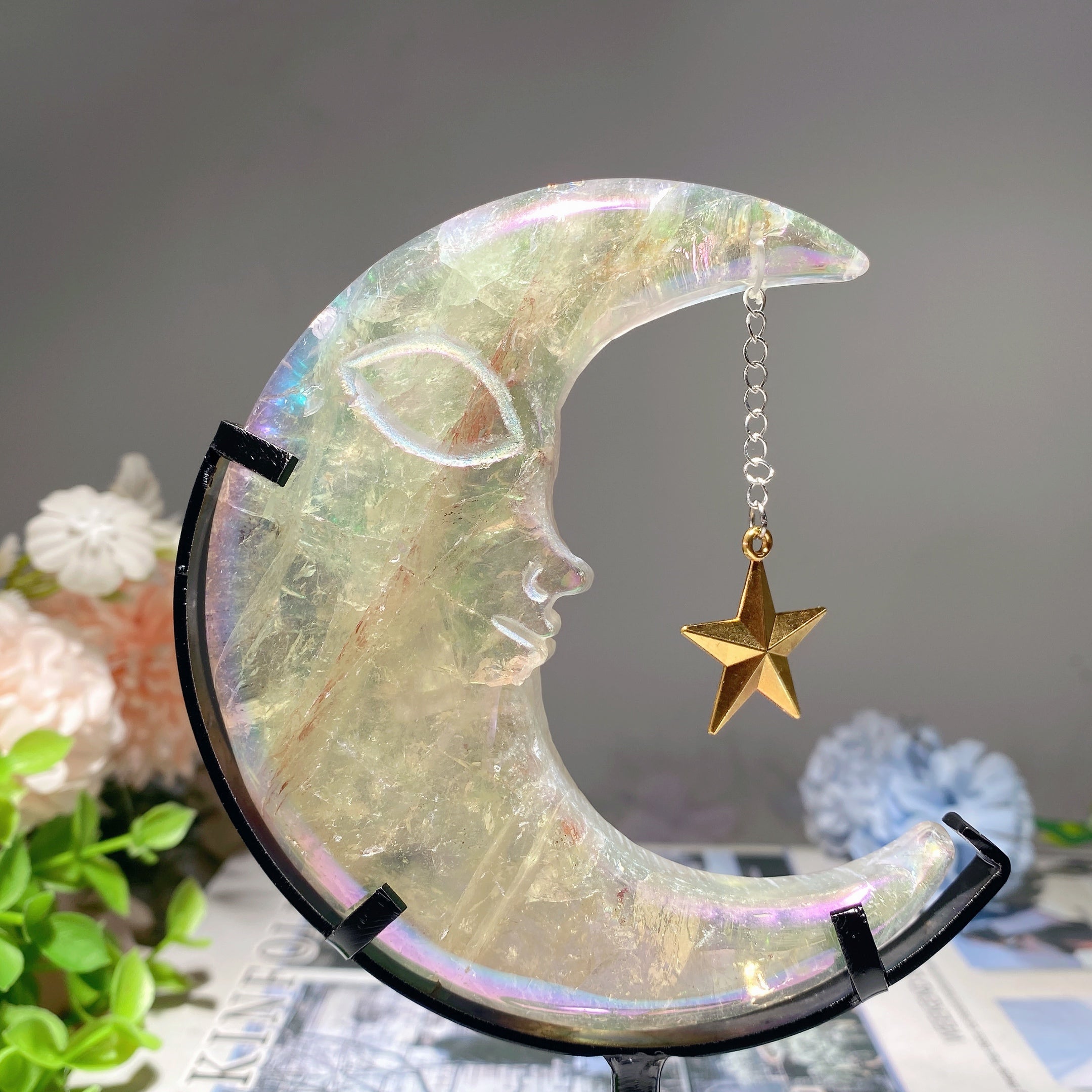 Mixed Crystal Moon Face Figurines 3.3in Healing Carvings
