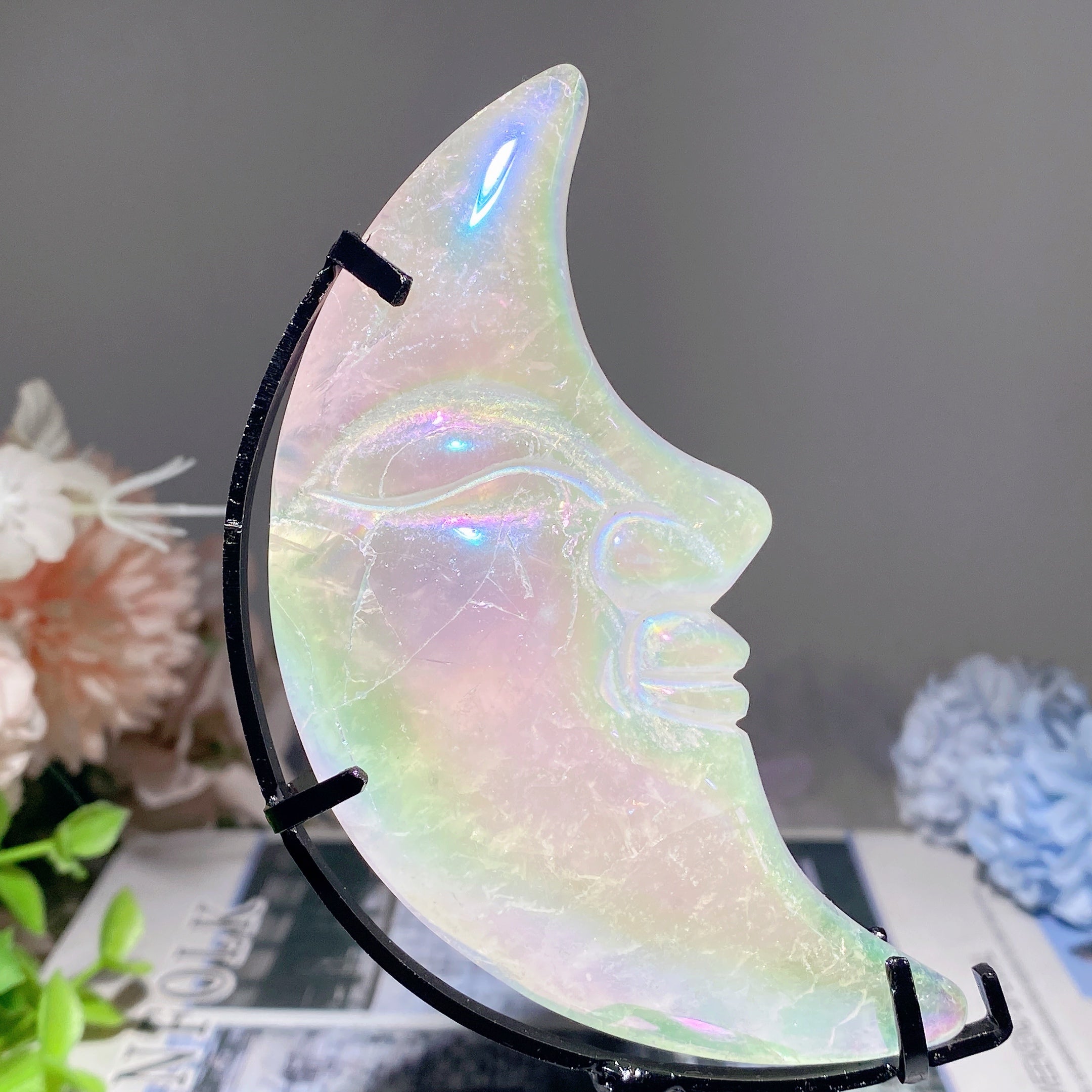 Mixed Crystal Moon Face Figurines 3.3in Healing Carvings