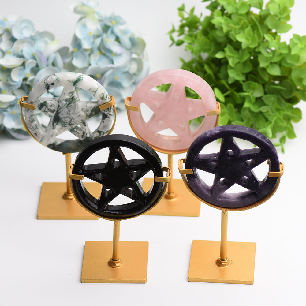 Mixed Crystal Pentagram Carving with Metal Stand 3.5in