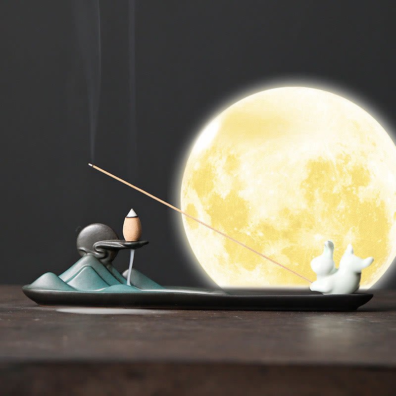 Brûleur d'encens en céramique Moon Rabbit pour la méditation et l'harmonie