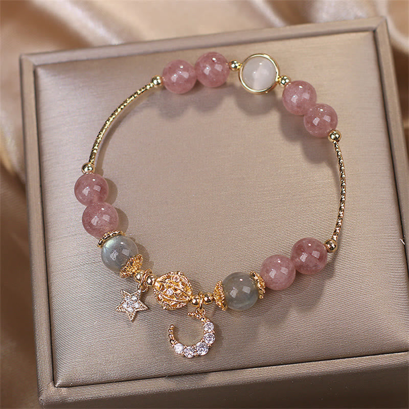 Bracelet Lune Étoile Amour | Quartz fraise et pierre de lune
