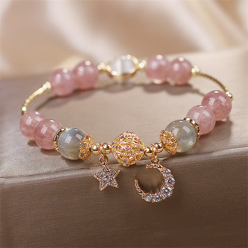 Bracelet Lune Étoile Amour | Quartz fraise et pierre de lune