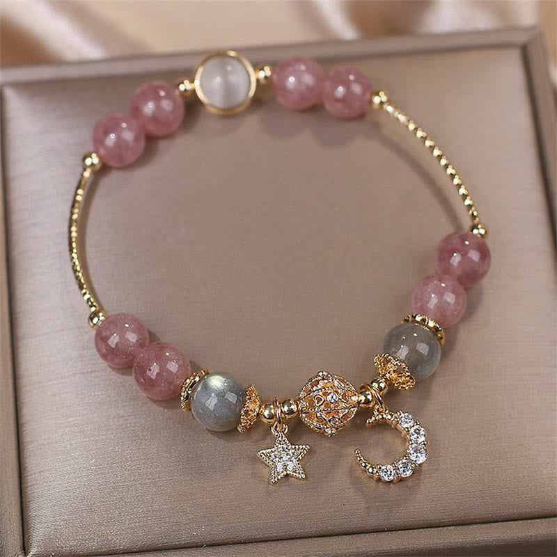 Bracelet Lune Étoile Amour | Quartz fraise et pierre de lune