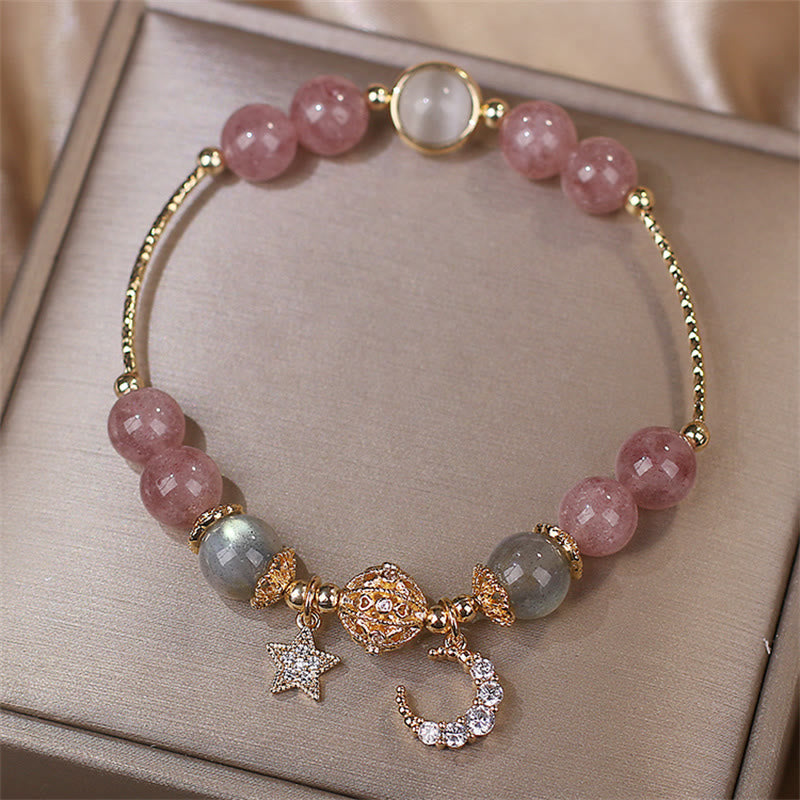 Bracelet Lune Étoile Amour | Quartz fraise et pierre de lune