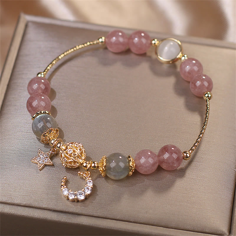 Bracelet Lune Étoile Amour | Quartz fraise et pierre de lune