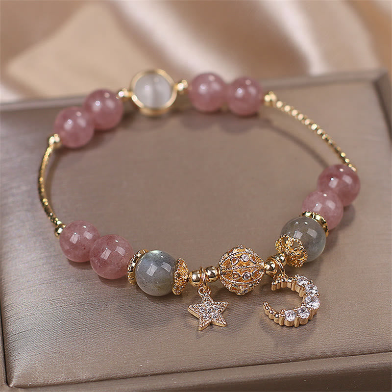Bracelet Lune Étoile Amour | Quartz fraise et pierre de lune