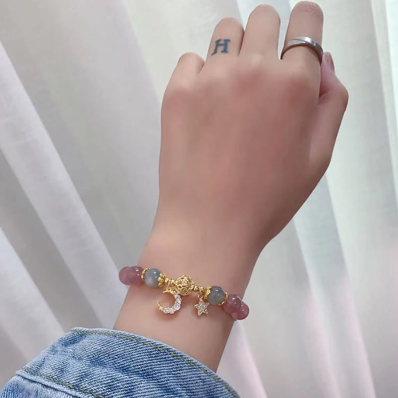 Bracelet Lune Étoile Amour | Quartz fraise et pierre de lune