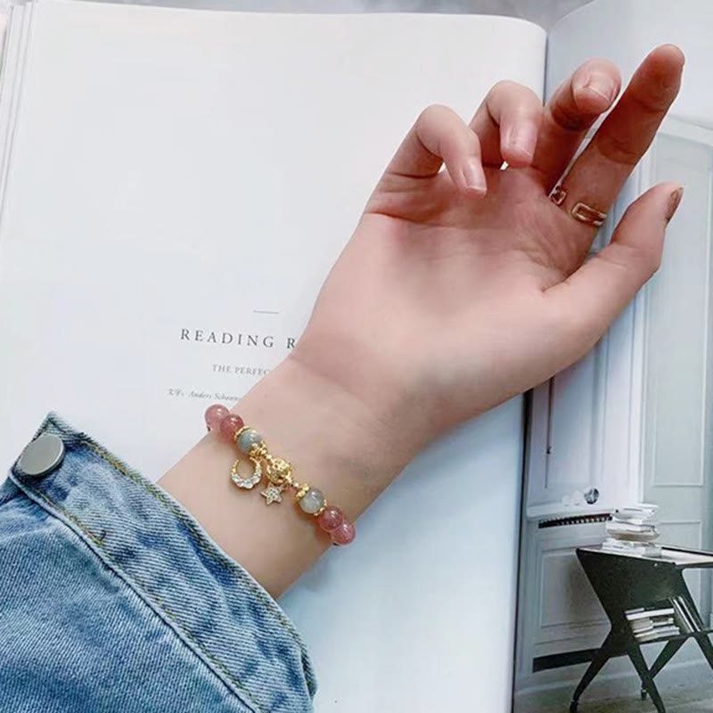 Bracelet Lune Étoile Amour | Quartz fraise et pierre de lune