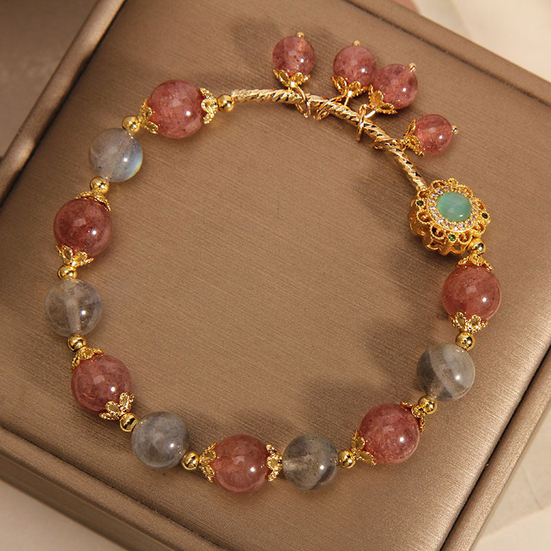 Bracelet en pierre de lune avec quartz fraise 14-16 cm, breloque de guérison