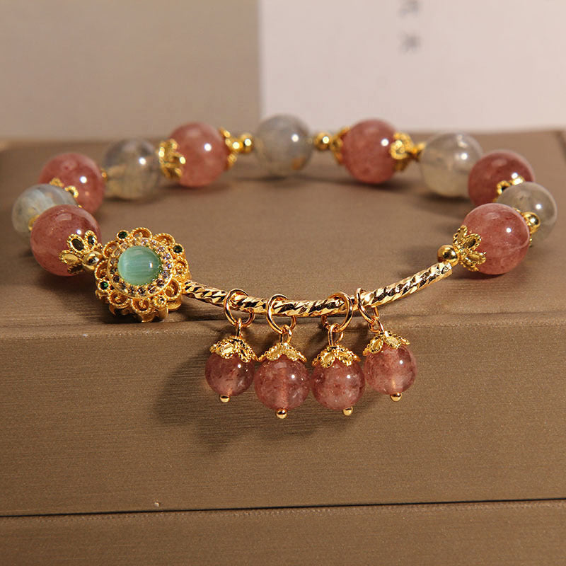 Bracelet en pierre de lune avec quartz fraise 14-16 cm, breloque de guérison