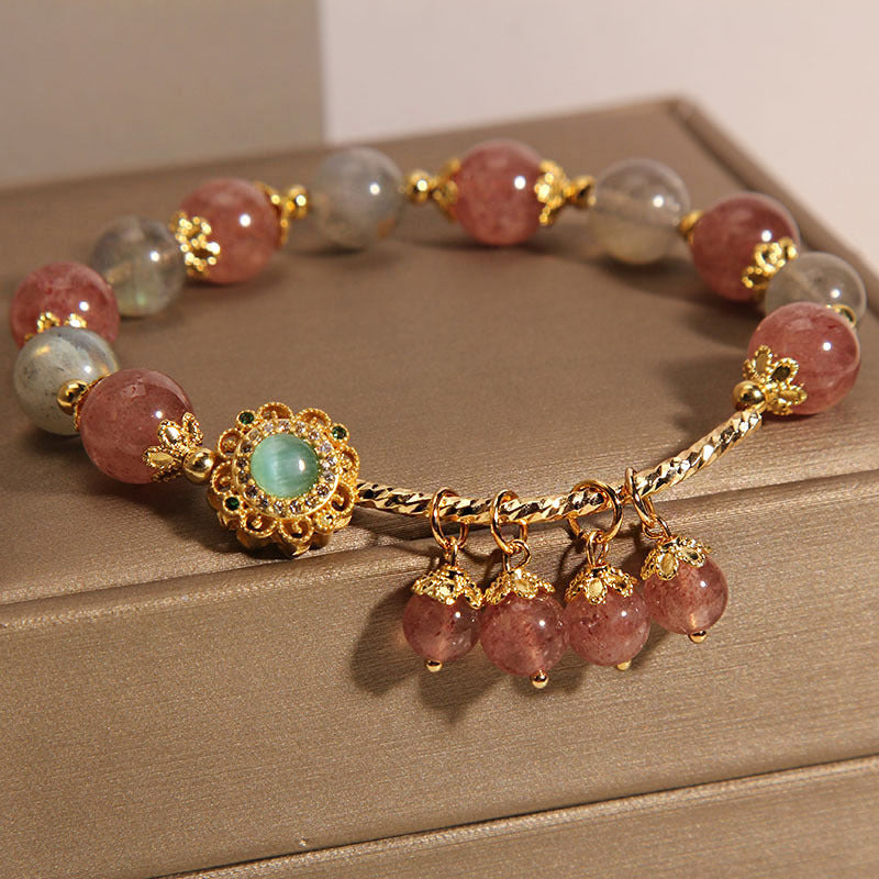 Bracelet en pierre de lune avec quartz fraise 14-16 cm, breloque de guérison