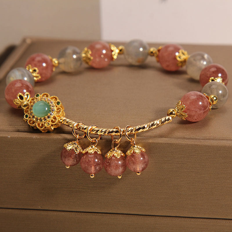 Bracelet en pierre de lune avec quartz fraise 14-16 cm, breloque de guérison