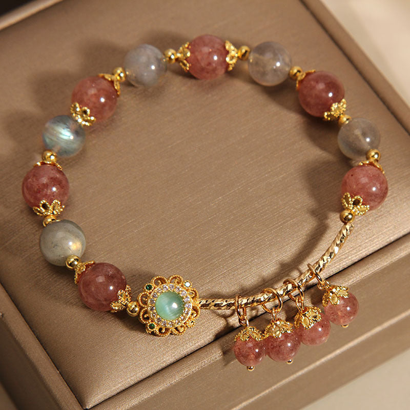 Bracelet en pierre de lune avec quartz fraise 14-16 cm, breloque de guérison
