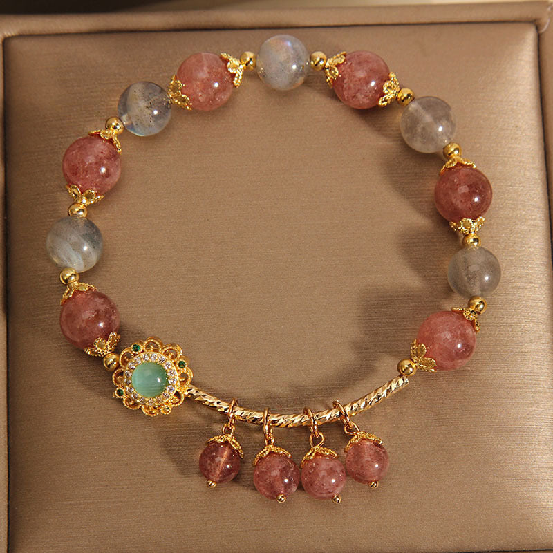 Bracelet en pierre de lune avec quartz fraise 14-16 cm, breloque de guérison