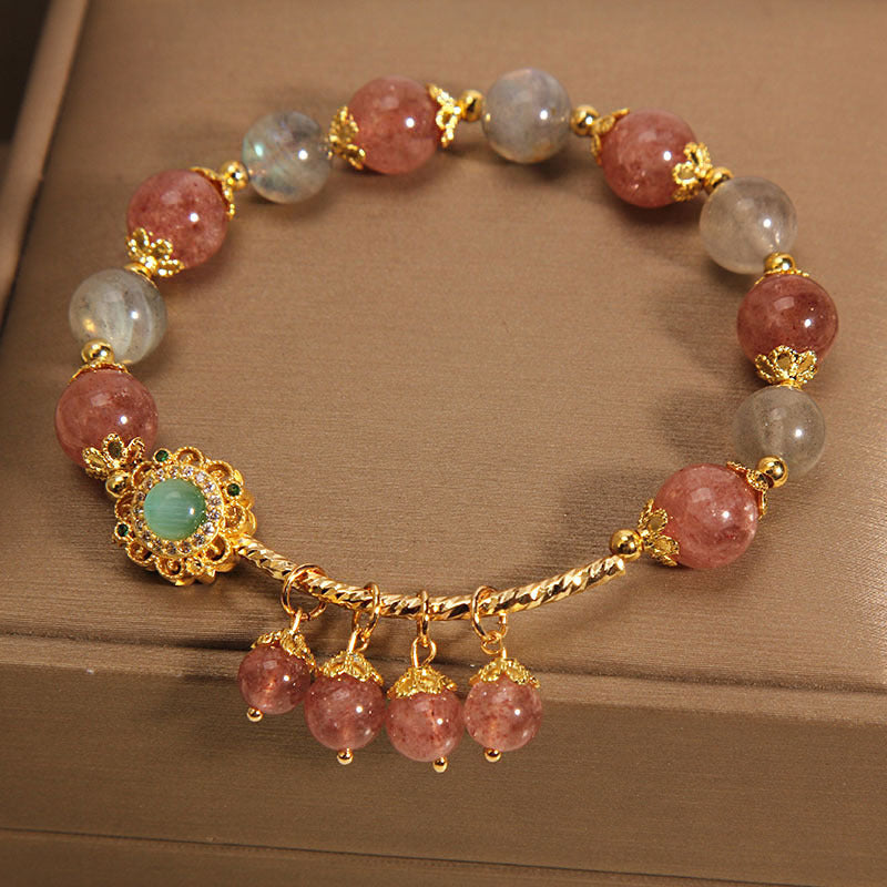 Bracelet en pierre de lune avec quartz fraise 14-16 cm, breloque de guérison