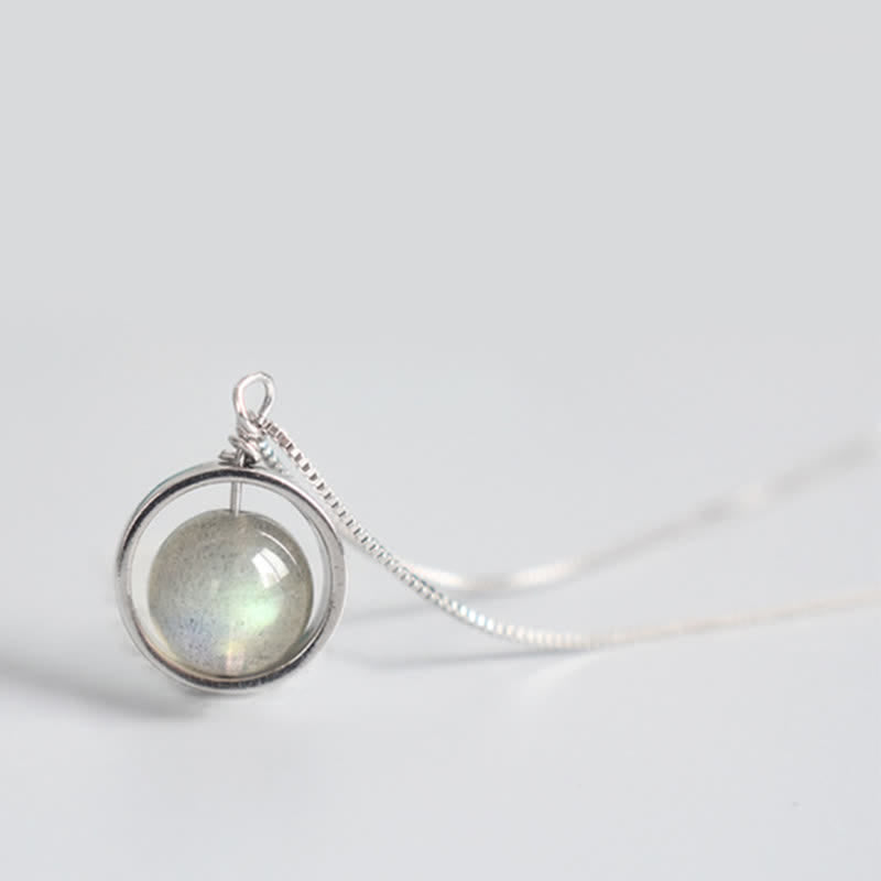 Collier pendentif pierre de lune en argent sterling 925 Love Planet rotatif