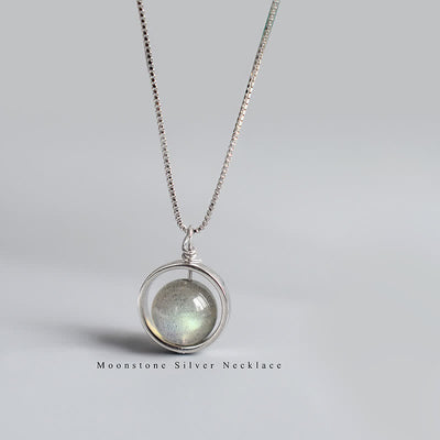 Collier pendentif pierre de lune en argent sterling 925 Love Planet rotatif