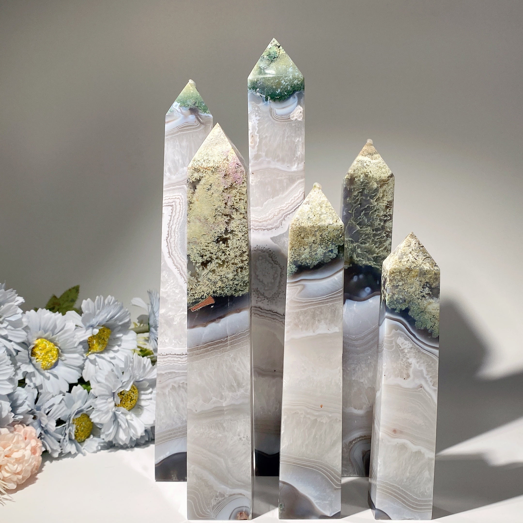 Moss Agate Crystal Tower 18-35cm for Healing & Energy