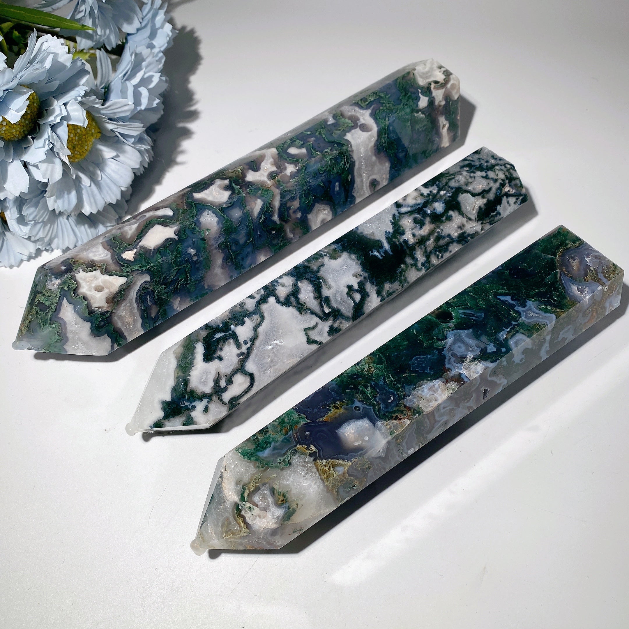 Moss Agate Crystal Tower 22-26cm for Healing & Display