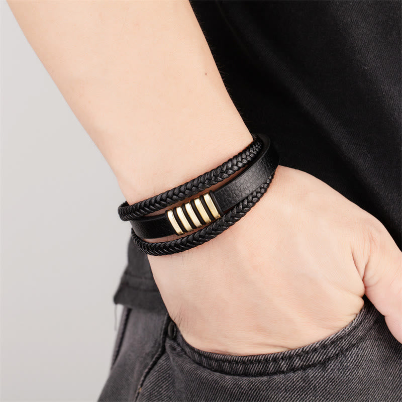Bracelet spirituel d'équilibre en cuir multicouche avec boucle en acier titane