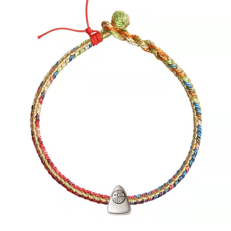 Bracelet tressé en fil rouge multicolore avec personnage Fu en argent 925